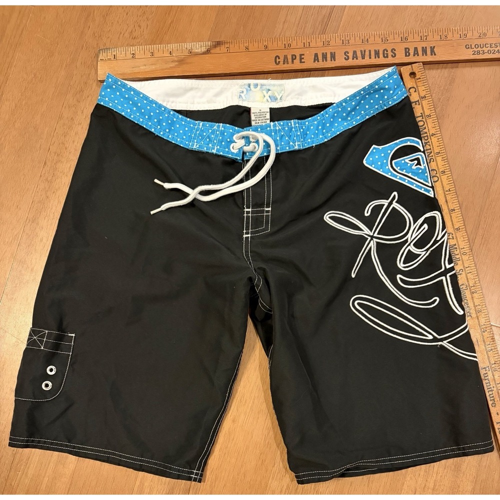 Vintage ROXY Board Shorts Women 9 y2k Black Blue Beach Surf Quicksilver Spellout